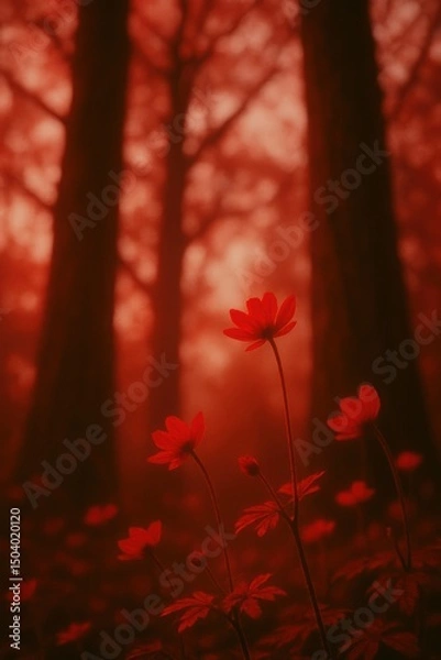 Obraz Ethereal red forest with blossoming wildflowers at dusk