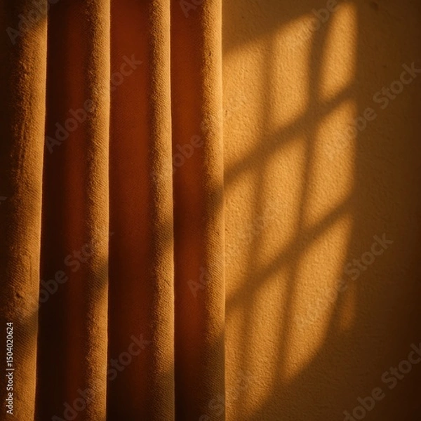 Obraz Warm sunlight casting shadows on orange velvet curtains and textured wall