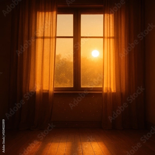 Obraz Warm sunlight streaming through window with curtains at sunrise