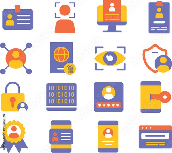 Obraz Identity illustration set. Includes of personal identity, user profile, ID card, fingerprint, face recognition, and More. Vector flat color collection