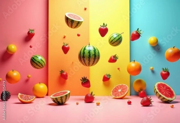Fototapeta vibrant colored backgrounds levitating fruits dynamic composition playful aesthetics artistic visualization, apple, orange, kiwi, grape, berry, pineapple