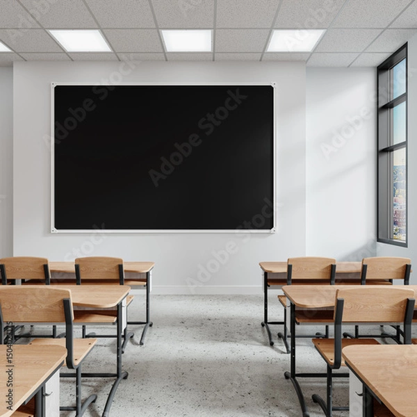 Fototapeta Classroom with blackboard and desks