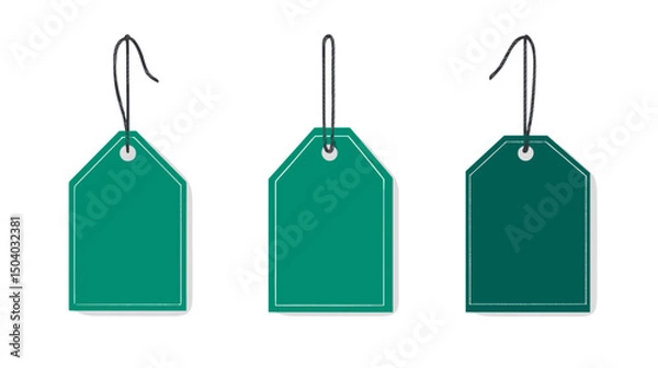 Fototapeta Three Green Paper Tags Hanging with String on a White Background for Retail Promotion and Product Labeling
