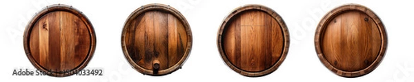 Fototapeta Four wooden barrels stacked together, perfect for aging beverages.