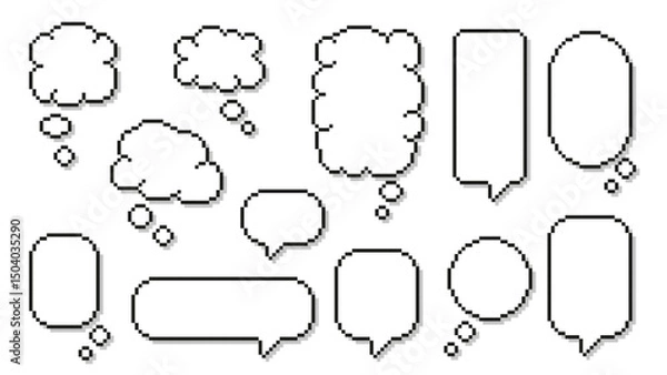 Fototapeta Pixel art cloud speech bubble. Cloud shaped comic text box, pixelated 8 bit texting dialogue, thought bubble, retro game quote and chat boxes with shadow. Vector isolated set.