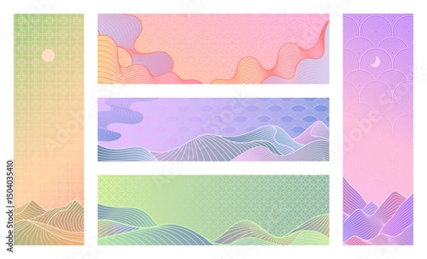 Obraz Line art landscape. Minimal mountains and hills with traditional Asian pattern and pastel gradient banner vector templates in Japanese, Chinese and Korean retro style.