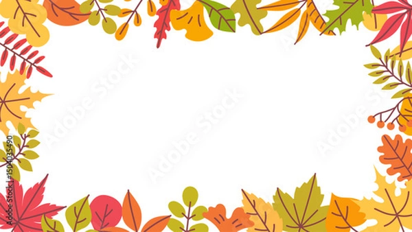 Obraz Autumn leaves frame. Fall leaves orange, red and green frame, yellow leaf border for Thanksgiving card, fall sale season banner. Maple and oak foliage vector background.