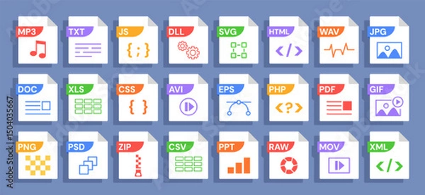 Fototapeta File format icons with various format labels PDF, JPG and MP3, HTML and ZIP, PHP and SVG, EPS and PSD, PNG. Symbols for file types with document extension. Vector set.