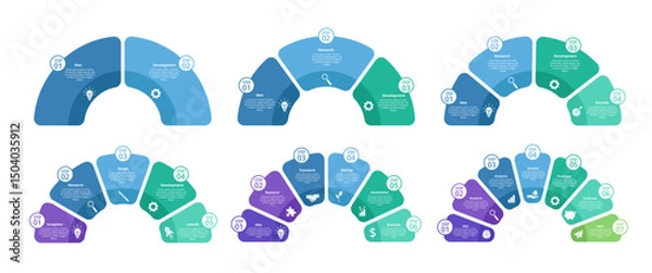 Fototapeta Semicircle diagram infographic template. Round business chart 2 -7 steps, process options, step by step project workflow. Circle vector infographic for planning presentation.