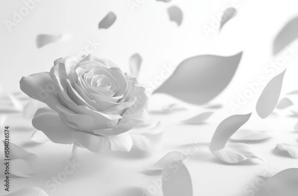 Fototapeta 3D rose with petals gently falling, white clean background
