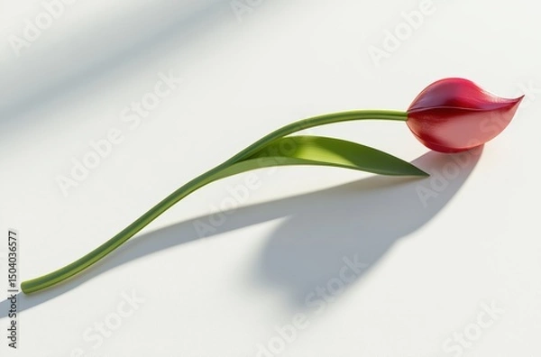 Fototapeta 3D render of a single tulip with stem and shadow, white