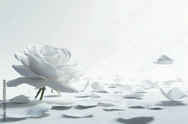 Fototapeta 3D rose with petals gently falling, white clean background