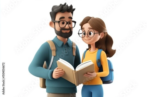 Fototapeta 3D student and teacher looking at book together, positive mood,