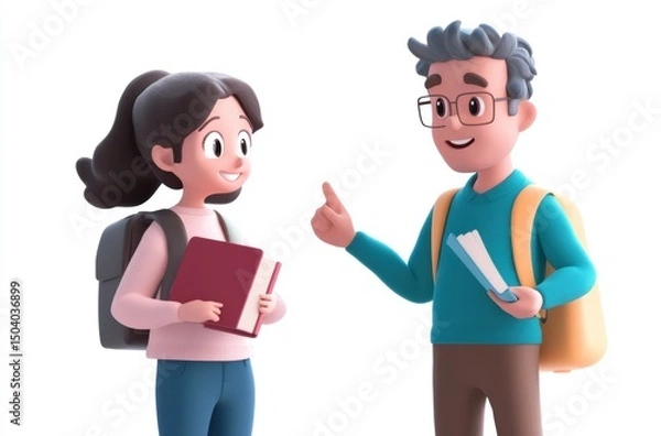 Fototapeta 3D student holding book and pointing, teacher nodding