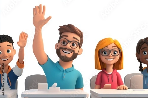 Fototapeta 3D student raising hand in classroom, teacher smiling,