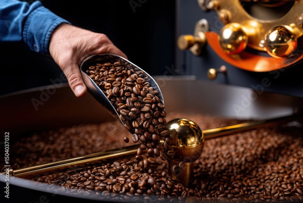 Fototapeta Barista pouring roasted coffee beans into roasting machine hopper