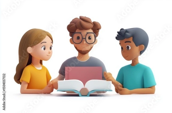 Fototapeta 3D student sharing book with classmate, teacher observing,