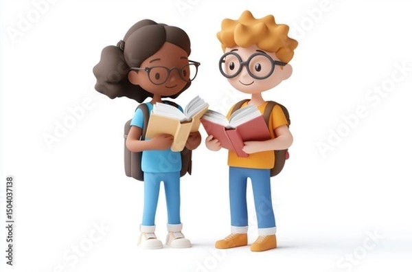 Fototapeta 3D student sharing book with classmate, teacher observing,