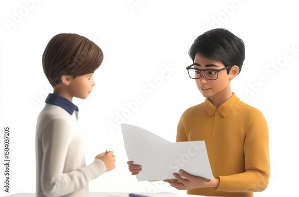 Fototapeta 3D student showing progress report to proud teacher,