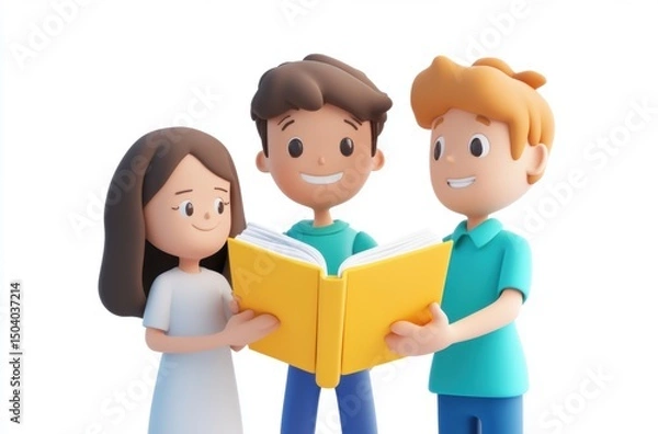 Fototapeta 3D student sharing book with classmate, teacher observing,