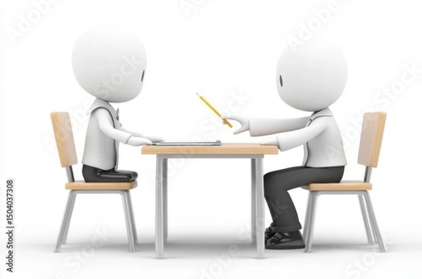 Fototapeta 3D student sitting at desk, teacher handing over pencil, white