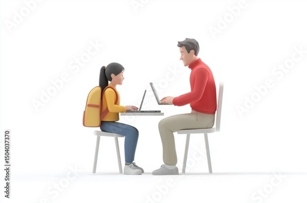 Fototapeta 3D student typing on laptop, teacher giving guidance,
