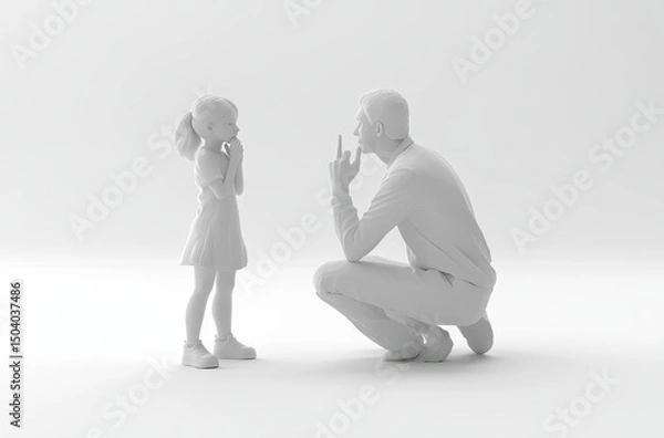 Fototapeta 3D student whispering question, teacher kneeling to listen,