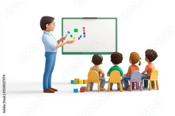 Fototapeta 3D teacher holding chart, explaining to seated students,