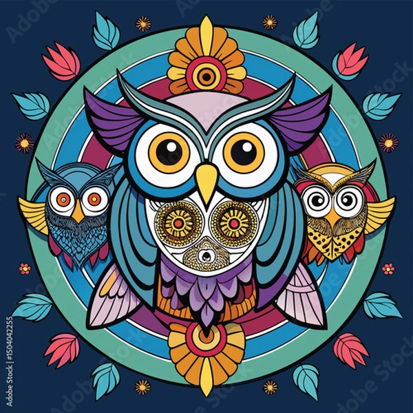 Fototapeta Colorful Owl Mandala Illustration with Two Smaller Owls and Floral Elements