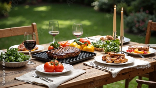 Fototapeta Elegante mesa de madera rústica preparada para un almuerzo al aire libre, ideal para publicidad de alimentos y estilo de vida.