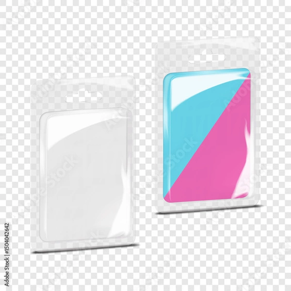 Fototapeta Rectangular empty cardboard back clear plastic blister box with euro hole. 3d mockup. Rectangle hanging individual product sleeve package. Realistic vector mock-up. Easy editable template