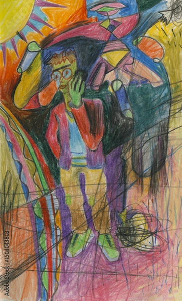 Fototapeta Surreal abstract drawing of man talking on phone in psychedelic urban dreamscape. Colorful hand-drawn scene with fantasy elements and vibrant distorted city background.