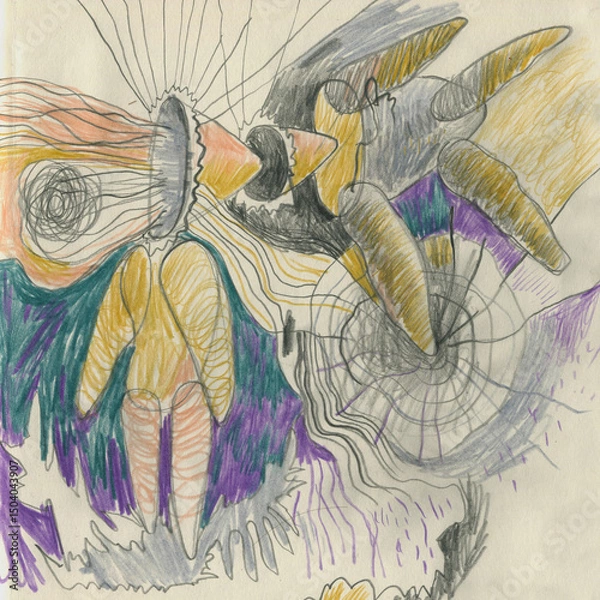 Fototapeta Symbolic abstract drawing exploring inner tension, mental fragmentation and subconscious forces. Psychedelic imagery reflects emotional dissonance, vulnerability, and cognitive overload.
