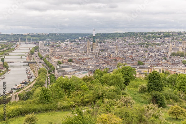 Fototapeta The banks of the Seine in Rouen with with the historic part of the city, seen from the Saint Catherine viewpoint