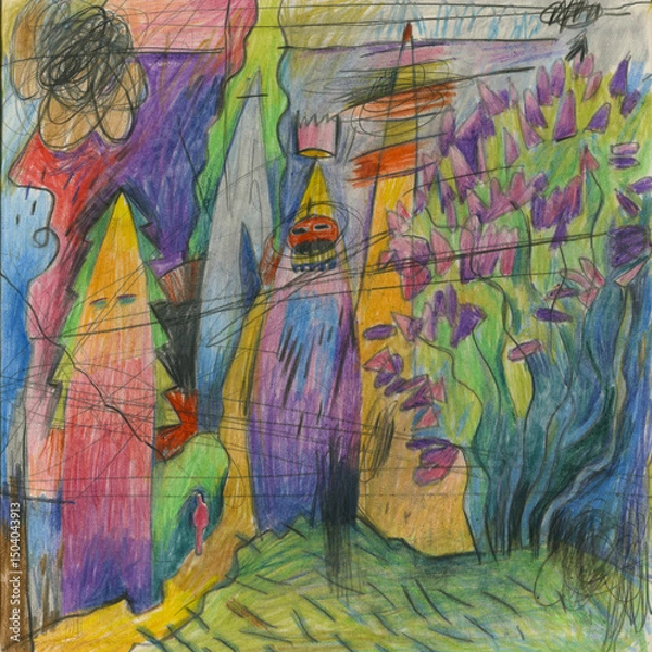 Fototapeta Abstract expressionist illustration with lilac bush and herbs drawn in colored pencils. Botanical shapes and wild nature elements merged in vivid artistic composition.