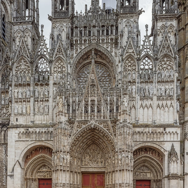 Fototapeta Rich decorations above the entrance of the Notre Dame Cathedral in Rouen with features from Early Gothic to late Flamboyant and Renaissance architecture