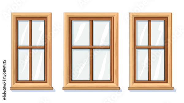Fototapeta Three Rustic Wooden Framed Windows with Clear Glass Panes and White Background