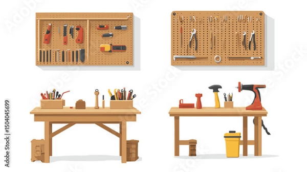 Fototapeta Two Workbenches with Tools Hanging on Pegboards in a Workshop Illustration Pixel Art Style