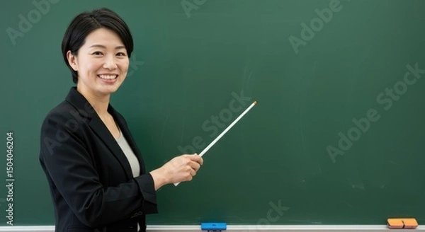 Fototapeta Professional and Smiling Female Teacher, Possibly of East Asian Descent, Holding a Pointer Stick in Front of a Green Chalkboard