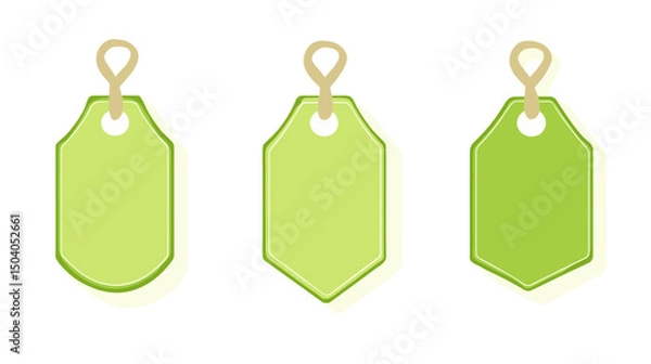 Fototapeta Three Green Tags With String Hanging Isolated on White Background Price Labels For Product Sales