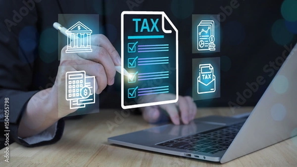 Fototapeta tax documents, and savings, represent the concept Tax Filing and Financial Management Concept. Businessperson using laptop with digital tax and finance icons.