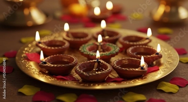 Fototapeta A Golden Plate Adorned with Lit Clay Diyas and Scattered Rose Petals, Celebrating the Festival of Diwali