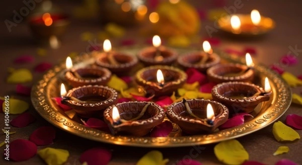 Fototapeta A Golden Plate Adorned with Lit Clay Diyas and Scattered Rose Petals, Celebrating the Festival of Diwali