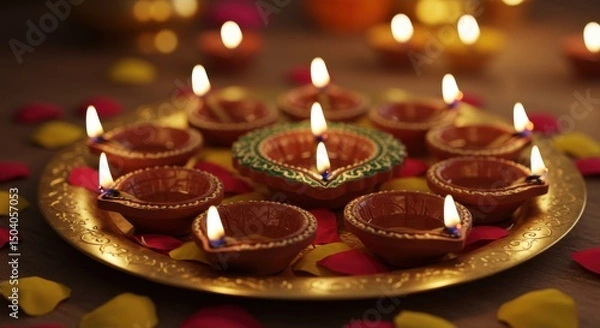 Fototapeta A Golden Plate Adorned with Lit Clay Diyas and Scattered Rose Petals, Celebrating the Festival of Diwali