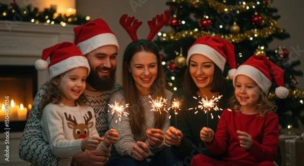 Fototapeta A Joyful Family of Four, Dressed in Santa Hats, Celebrates Christmas Eve Indoors with Twinkling Sparklers and a Beautifully Decorated Christmas Tree