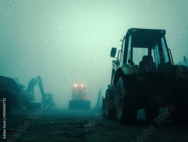 Obraz Backhoe loader idle in the fog, surrounded by misty machinery outlines