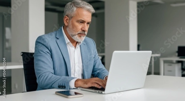 Fototapeta Focused Middle-Aged Businessman Working on Laptop in Office