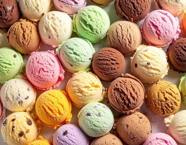 Fototapeta Eiskugeln in unterschiedlichen Sorten und Farben. Jede Kugel hat 