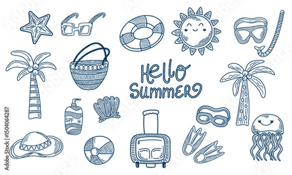 Fototapeta Set of hand-drawn outline summer doodles. Hello summer. Sketch icon of palm trees, sun, jellyfish, beach and relax elements. Line art style for cards, posters, decoration, coloring book. Vector