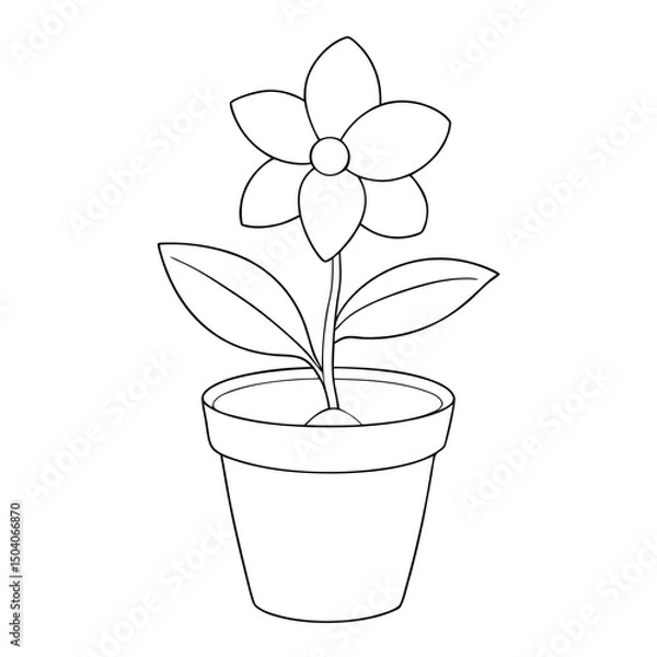 Fototapeta Black and white flower with leaves illustration in a pot for coloring books